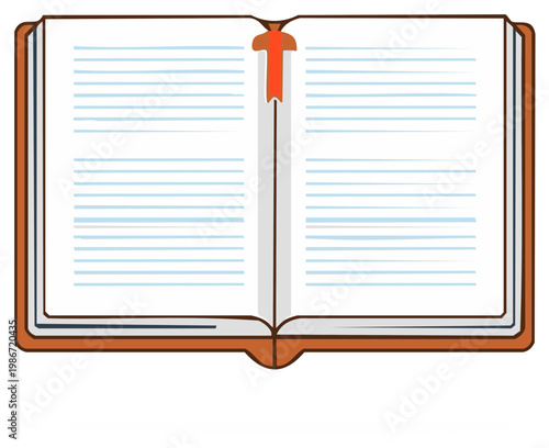 Cartoon open book illustration with blank lined pages and red bookmark for education