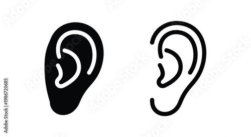 Simple black and white illustration depicting two human ears in different styles
