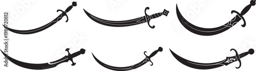 Set of Black Scimitar Sword Silhouette – Curved Blade with Ornate Hilt, Middle Eastern Weapon Vector Illustration