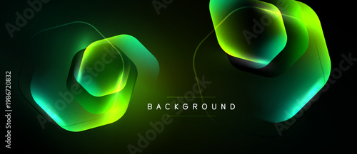 Abstract geometric shapes overlap, creating glowing neon effect. Dark background enhances vibrant green hues, modern design element.