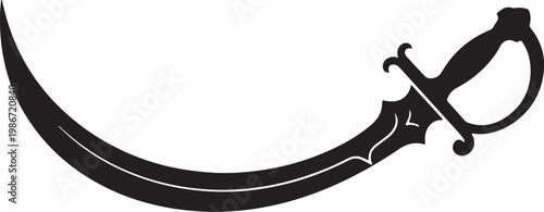 Black Scimitar Sword Silhouette – Curved Blade with Ornate Hilt, Middle Eastern Weapon Vector Illustration