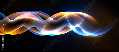 Bright wavy lines illuminate dark background. Colors blend, creating dynamic visual effect. Smooth curves suggest movement, energy.