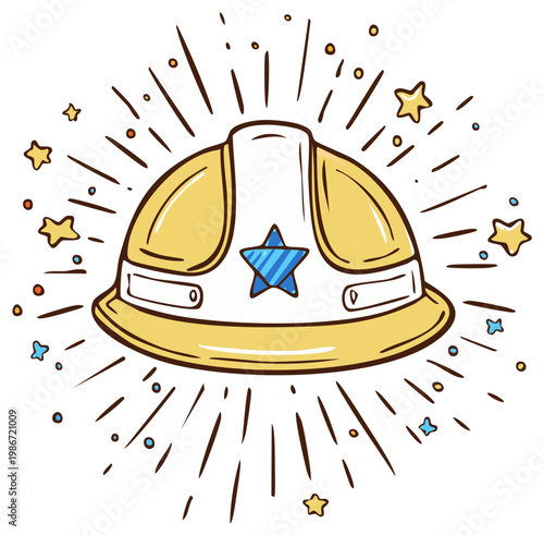 Doodle of a builder's hardhat with a blue star icon for labor day or worker appreciation