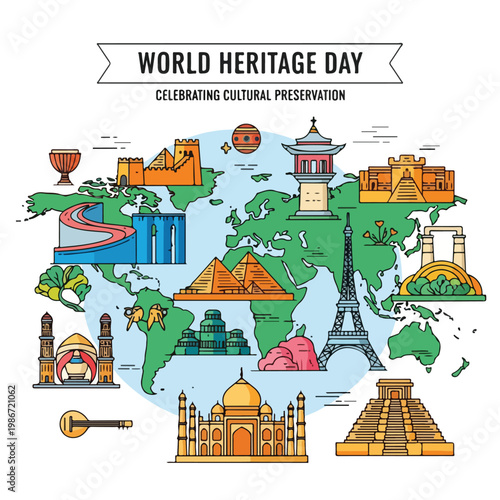 A colorful illustration of a world map with heritage sites