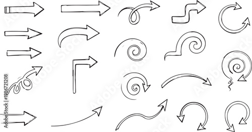 set of hand drawn abstract distress grunge brush arrows, set of black and white silhouettes of various brushed strokes, Hand-drawn collection of various arrow