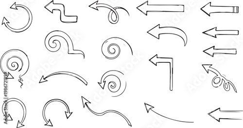 set of hand drawn abstract distress grunge brush arrows, set of black and white silhouettes of various brushed strokes, Hand-drawn collection of various arrow
