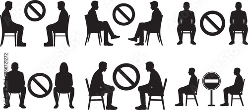 Set of Two People Sitting with Prohibition Sign Between Them – Social Distancing, No Interaction Concept Black Silhouette Vector Illustration