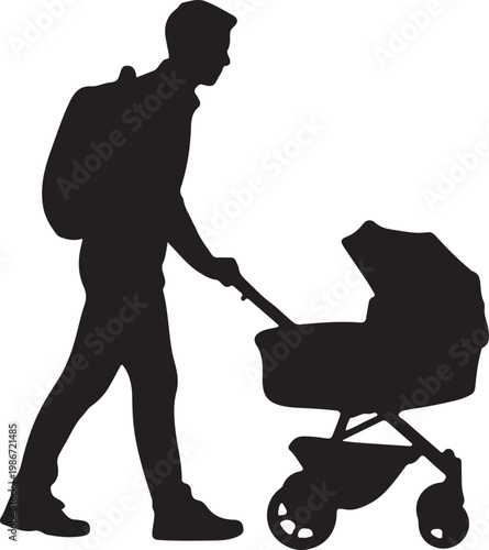 Silhouette of Man Pushing Baby Stroller with Backpack – Fatherhood Parenting Lifestyle Outdoor Walk Vector Illustration
