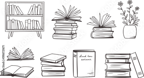Hand drawn collection of books shelves and stacks with a potted plant reading library