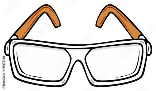 Cartoon illustration of modern eyeglasses with white frames and brown temples