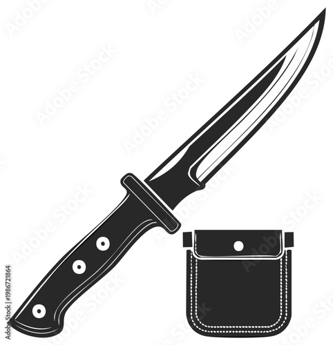 Vintage hunting knife and sheath, black and white illustration