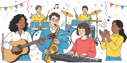 A diverse group of happy musicians joyfully performing together with various instruments in a festive celebration, surrounded by colorful confetti and banners.