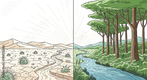Illustrating the stark contrast between a desolate, dry desert landscape and a vibrant, green forest with a flowing river, symbolizing environmental transformation.