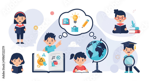 A colorful illustration of children learning and reading