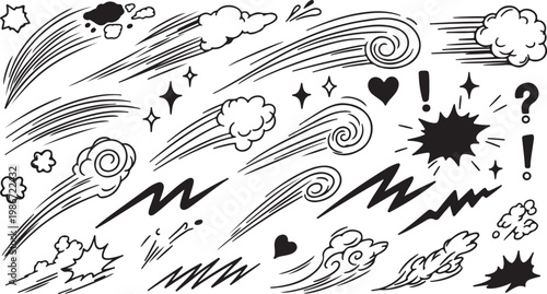 Stylized black and white comic book clouds with thick outlines and shadows for weather and sky backgrounds