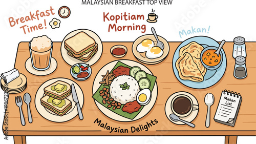 Malaysian Breakfast Kopitiam Food Top View, Illustration Doodle Cartoon Collection