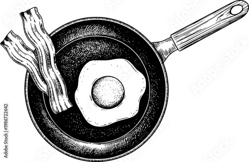 Hand-drawn black and white of fried egg and bacon in a frying pan breakfast
