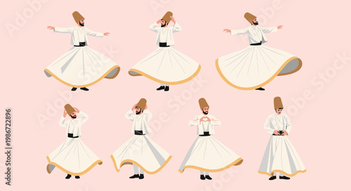 Whirling Dervishes Sufi Dance Ceremony Collection Featuring Men in Traditional White Robes and Tall Hats Performing Spiritual Ritual of Meditation