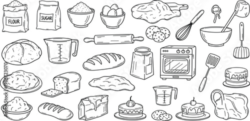 Baking and Cooking Ingredients with Kitchen Tools Hand Drawn Set Including Flour Sugar Bread Dough Oven Utensils and Pastry Items Vector Illustration Collection