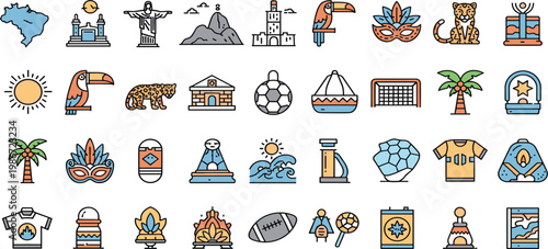 Brazil Culture Icons Set with Landmarks Carnival Mask Football Wildlife and Traditional Symbols Flat Vector Illustration Collection for Travel and Tourism Design
