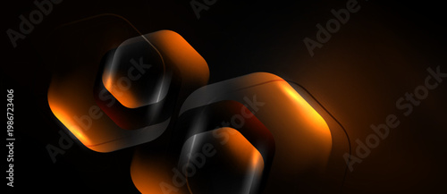 Abstract geometric shapes, orange glow, dark background. Modern design elements create dynamic visual impact. Smooth gradients, polished surfaces.