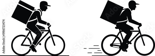 delivery man riding bicycle with large box on back in motion