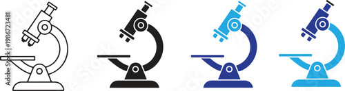 Microscope icons set science laboratory research equipment in different colors outline and solid.