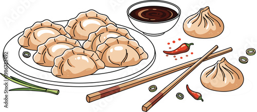 Chinese Dumplings Plate with Chopsticks Soy Sauce and Chili Traditional Asian Food Meal Illustration for Restaurant Menu and Cuisine Design