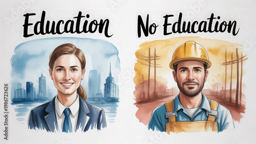 Businesswoman in a formal suit stands near a construction worker wearing a hard hat to illustrate the contrast between academic and vocational career paths in a detailed watercolor painting.
