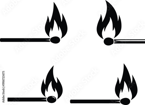 Four matches with flames burning on transparent background