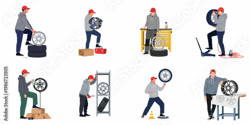 Set of illustrations depicting a professional auto mechanic performing various tasks with car tires and wheels in a garage workshop setting.