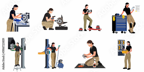 Illustrations of a female auto mechanic performing various car brake system repair and maintenance tasks in a professional garage setting.