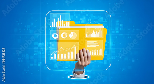 Hand emerging from digital portal presenting comprehensive business data analytics and financial insights with glowing interactive charts and graphs for strategic decision-making