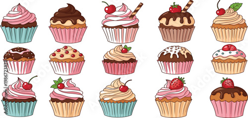 Colorful Cupcake Collection with Different Frosting Flavors Chocolate Strawberry Vanilla and Cherry Toppings Sweet Dessert Bakery Vector Illustration Set