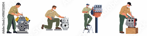 Set of Illustrations Featuring Professional Mechanics in Uniform Repairing and Maintaining Various Vehicle and Aircraft Engines