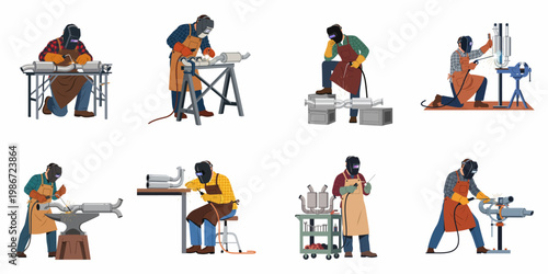 Professional Welders in Protective Gear Working on Exhaust Systems and Metal Components, Industrial Fabrication and Repair Service Flat Vector Illustration Set