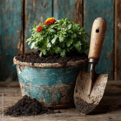 Potted flowers, soil, and a trowel sit on weathered wood