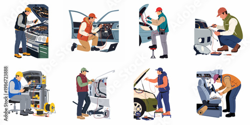 Collection of illustrations showing auto mechanics and car electricians performing diagnostic and electrical repairs on various vehicle parts in a garage setting.