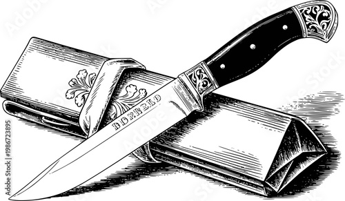 Vintage engraved knife with ornate sheath, black handle, isolated white