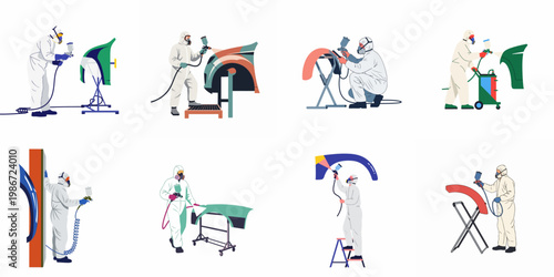 Collection of flat vector illustrations depicting professional auto body painters in protective gear using spray guns to paint various automotive parts.