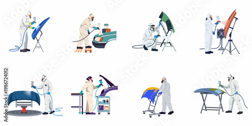 Collection of illustrations showing car painters in protective gear using spray guns to refinish various vehicle parts in an auto body repair shop.