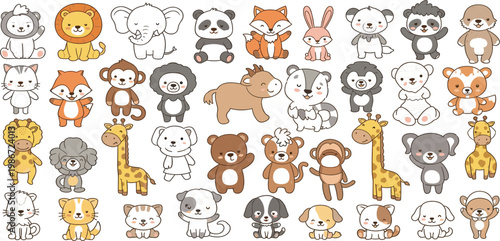 Cute Animal Characters Collection with Lion Elephant Panda Fox Rabbit Bear Giraffe and Pets Adorable Cartoon Wildlife and Domestic Animals Vector Illustration Set