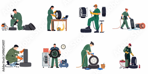 Set of flat vector illustrations showing mechanics performing various tire services such as repair, inflation, washing, and pressure checking in an auto shop.