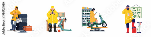 Collection of flat illustrations showing people in yellow raincoats at a scooter maintenance and repair workshop with various tools and equipment.