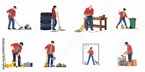 Collection of diverse people sweeping and cleaning in various industrial and domestic settings, featuring workshop, garage, and warehouse scenes.