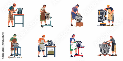 Flat vector set of mechanics in aprons and bandanas repairing and assembling car engines with various tools in a workshop setting.