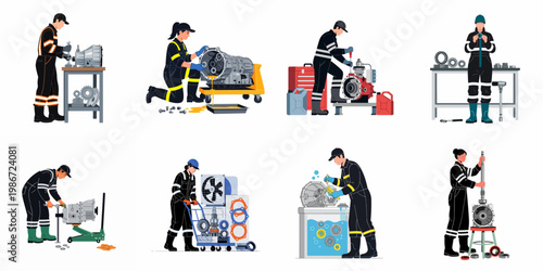 Set of male and female mechanics and technicians repairing engines, transmissions, and mechanical parts in an industrial workshop environment.