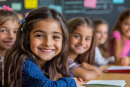 A cheerful group of young students sitting in a classroom for the first day back to school.
