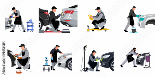 Professional car detailing and cleaning service set showing workers polishing, washing, waxing, and restoring vehicles with specialized tools and equipment.