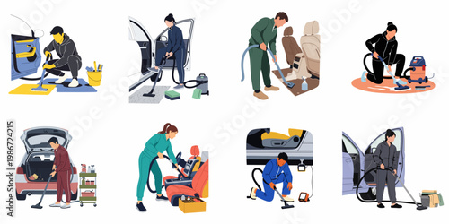 A collection of flat vector illustrations depicting professional cleaners and individuals vacuuming car interiors, including seats, mats, and trunks with various tools.